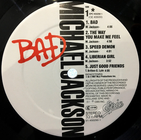 Image of Label Cover of LP - G+/VG - MICHAEL JACKSON, Bad (Epic; EPC 450290 1, Europe 1987, Gatefold, Inner), ,  - 3526171E