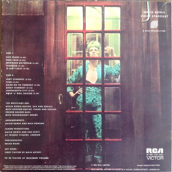 Image of Back Cover of LP - VG/G+ - DAVID BOWIE, The Rise And Fall Of Ziggy Stardust And The Spiders From Mars (RCA Victor Orange WITH STEREO ; SF 8287, UK 1972, Gem Production, No Mainman on Rear Sleeve, Titanic/ Chrysalis Publishing on Label, not Mainman, Inner, First UK issue, Matrix -1E/2E, Titanic/Chrysalis publishing.), Strong G+, Clean & Glossy with quite a few very fine hairline marks, Plays well, Decent sleeve & OIS. ,  - 4316407C