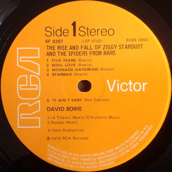 Image of Label Cover of LP - VG/G+ - DAVID BOWIE, The Rise And Fall Of Ziggy Stardust And The Spiders From Mars (RCA Victor Orange WITH STEREO ; SF 8287, UK 1972, Gem Production, No Mainman on Rear Sleeve, Titanic/ Chrysalis Publishing on Label, not Mainman, Inner, First UK issue, Matrix -1E/2E, Titanic/Chrysalis publishing.), Strong G+, Clean & Glossy with quite a few very fine hairline marks, Plays well, Decent sleeve & OIS. ,  - 4316407C