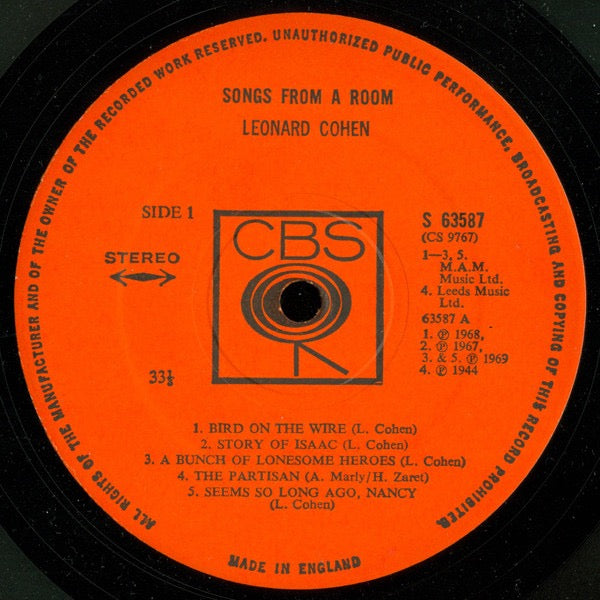 Image of Label Cover of LP - VG/VG - LEONARD COHEN, Songs From a Room (CBS Orange Labels; 63587, UK 1969, Non-Laminated Sleeve, Leeds / M.A.M. Publishing), Light fogging ,  - 3316531C