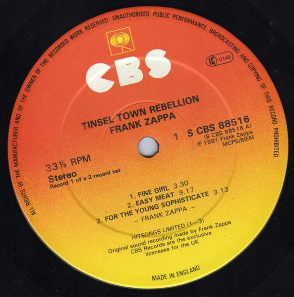 Image of Label Cover of 2xLP - VG/VG+ - FRANK ZAPPA, Tinsel Town Rebellion (CBS; CBS 88516, UK 1981, Gatefold), ,  - 3716371C