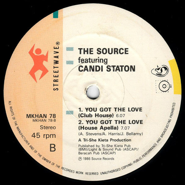 Image of Label Cover of 12" - VG/VG - THE SOURCE FEATURING CANDI STATON, You Got The Love (Streetwave; MKHAN78, UK 1986, Company Sleeve), Writing on labels. Light hairlines.,  - 2626127E