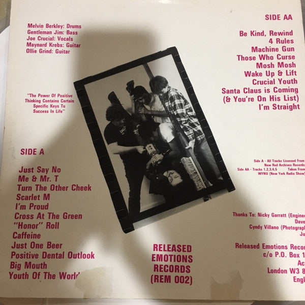 Image of Back Cover of LP - VG/VG - CRUCIAL YOUTH, The Power Of Positive Thinking (Released Emotions; REM 002, UK 1989, No Comic Book), No sticker on sleeve or comic, Strong VG, Light wispy marks, Label on one side bubbling slightly, Most likely two labels on one side. ,  - 1516305C
