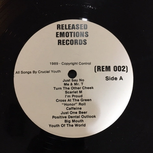 Image of Label Cover of LP - VG/VG - CRUCIAL YOUTH, The Power Of Positive Thinking (Released Emotions; REM 002, UK 1989, No Comic Book), No sticker on sleeve or comic, Strong VG, Light wispy marks, Label on one side bubbling slightly, Most likely two labels on one side. ,  - 1516305C