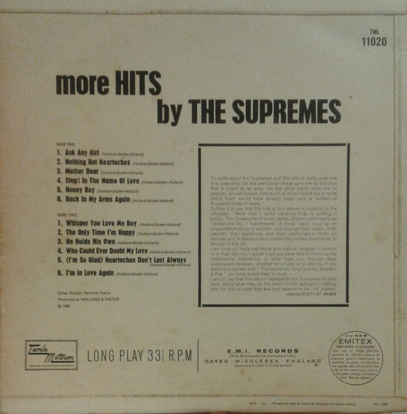 Image of Back Cover of 2314837C: LP - SUPREMES, More Hits By (Tamla Motown; TML 11020, UK 1965, Flipback Sleeve, Mono) Strong VG throughout. Track times written on rear sleeve in pen.  VG/VG