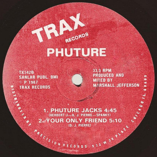 Image of Label Cover of 12" - /VG - PHUTURE, Acid Tracks (Trax; TX142, US 1987, Plain Sleeve., Red label  OG version.), , Recorded in Chicago all the way back in 1985, it's one of the most iconic and important dance record in history. The original title for the song 'Acid Tracks' was 'In Your Mind'. DJ Pierre had given a tape of the track to Ron Hardy to play at the Muzic Box in Chicago, later appeared on a tape Hardy had labelled 'Acid Tracks', and DJ Pierre liked the sound of that. - 2546031S