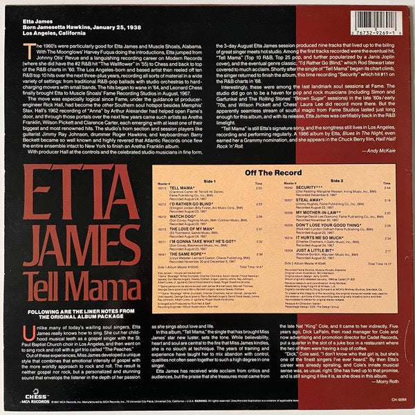 Image of Back Cover of LP - VG+/VG+ - ETTA JAMES, Tell Mama (Chess; CH-9269, UK 1987 Reissue), ,  - 4126217E
