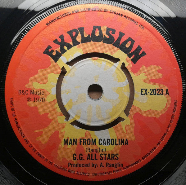 Image of Front Cover of 1454396S: 7" - G.G ALL STARS, Man From Carolina / Gold On Your Dress (Explosion; EX2023, UK 1970)   /VG