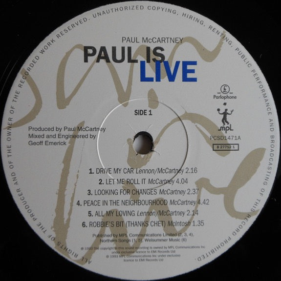 Image of Back Cover of 2xLP - VG/VG - PAUL MCCARTNEY, Paul Is Live (Parlophone; 7243 8 27704 1 1, UK 1993, Gatefold, 2 Inners, With "The New World Tour" Programme), Sleeve has some light fading & wear along spine.,  - 2716151C