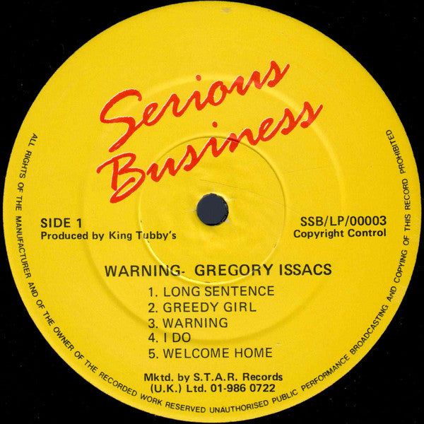 Image of Label Cover of 4644075S: LP - GREGORY ISAACS, Warning (Serious Business; SSB/LP/00003, UK 1990)   VG/VG+