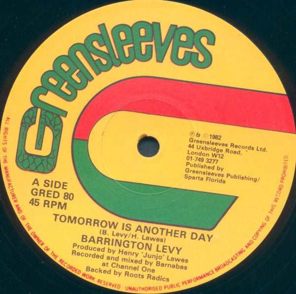 Image of Front Cover of 2944172S: 12" - BARRINGTON LEVY / PAPA TULO, Tomorrow Is Another Day / Delaware (Greensleeves; GRED80, UK 1982, Co Slv) Hairlines on disc but plays like a VG+.  VG/VG