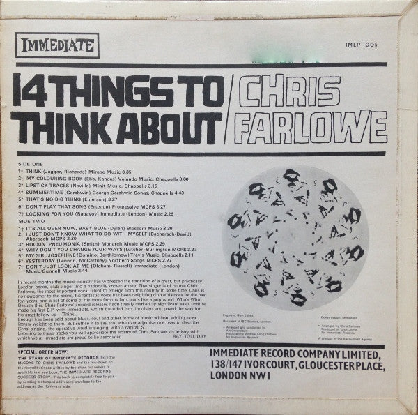Image of Back Cover of LP - VG+/VG - CHRIS FARLOWE, 14 Things to Think About (Immediate Lilac; IMLP005, UK 1966, Flipback Sleeve, Mono), A few light hairlines and scuffs on the vinyl. Sleeve in great shape - minor staining on rear and a couple of slightly damaged corners.,  - 3325035E