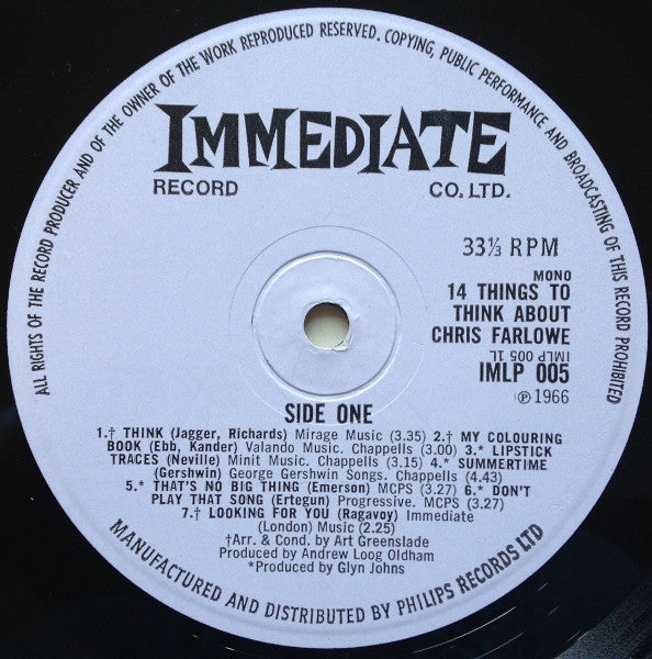 Image of Label Cover of LP - VG+/VG - CHRIS FARLOWE, 14 Things to Think About (Immediate Lilac; IMLP005, UK 1966, Flipback Sleeve, Mono), A few light hairlines and scuffs on the vinyl. Sleeve in great shape - minor staining on rear and a couple of slightly damaged corners.,  - 3325035E