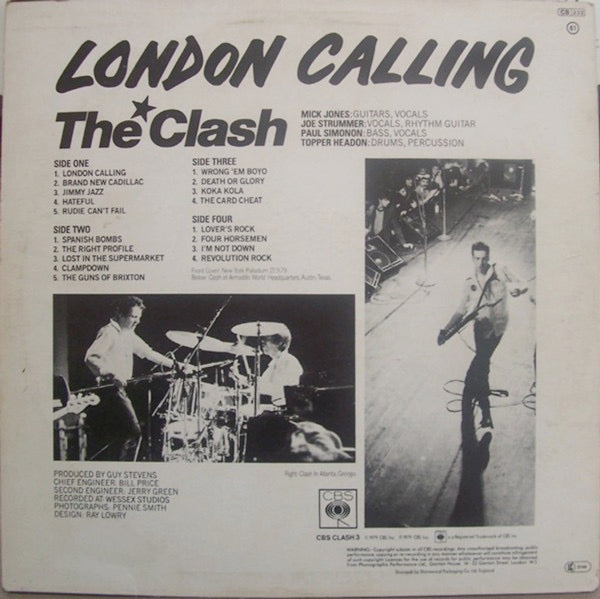 Image of Back Cover of 2xLP - VG/G+ - THE CLASH, London Calling (CBS ; CBS CLASH 3, UK 1979, 2 Inners, No "Stagger Lee" subtitle on cover, No Train in Vain on cover or label), Light hairlines. Edgewear.,  - 2326291E