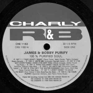 Image of Back Cover of LP - VG+/VG - JAMES AND BOBBY PURIFY, 100% Purified Soul (Charly; CRB 1182, UK 1988), ,  - 3516315C