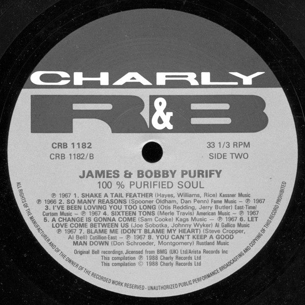 Image of Label Cover of LP - VG+/VG - JAMES AND BOBBY PURIFY, 100% Purified Soul (Charly; CRB 1182, UK 1988), ,  - 3516315C