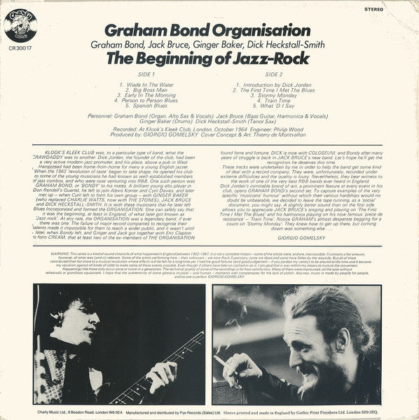 Image of Back Cover of 4825210E: LP - THE GRAHAM BOND ORGANIZATION, The Beginning Of Jazz-Rock (Charly; CR 300017, UK 1977 Reissue, Laminated Front Sleeve) Hairlines. Small tear to opening edge of sleeve, staining, corner wear and laminate creasing,   VG/VG