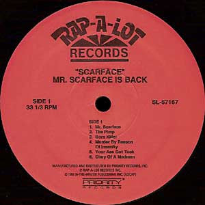 Image of Back Cover of LP - VG/G+ - SCARFACE OF THE GETO BOYS, Mr. Scarface Is Back (Rap-A-Lot; SL 57167, US 1991), Record has mostly lighter marks   plays above grade. Sleeve very slightly rough along opening, some light wear and creasing,  - 0916413C