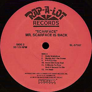 Image of Label Cover of LP - VG/G+ - SCARFACE OF THE GETO BOYS, Mr. Scarface Is Back (Rap-A-Lot; SL 57167, US 1991), Record has mostly lighter marks   plays above grade. Sleeve very slightly rough along opening, some light wear and creasing,  - 0916413C