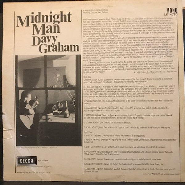 Image of Back Cover of LP - G+/G+ - DAVY GRAHAM, Midnight Man (Decca Red Unboxed; LK4780, UK 1966), Writing On Rear Sleeve, Edge Wear, Sleeve Dirty,  - 0726259E