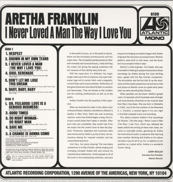 Image of Back Cover of LP - NEW/NEW - ARETHA FRANKLIN, I Never Loved A Man The Way That I Love You (Rhino; 0603497911127, Europe 2013 Reissue, Mono), ,  - 6016048C