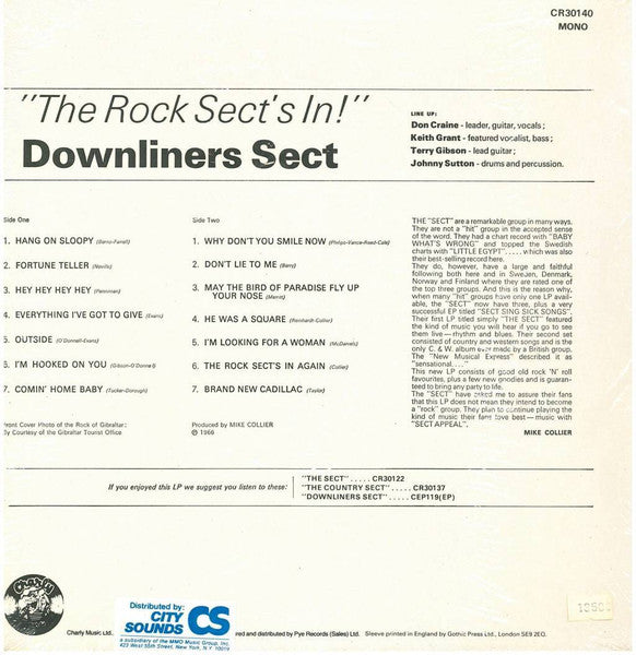 Image of Back Cover of 3025265E: LP - DOWNLINERS SECT, The Rock Sect's In (Charly; CR30140, UK 1976 Reissue, Mono) Strong VG+, Stickers Stuck To Rear Sleeve  VG/VG+