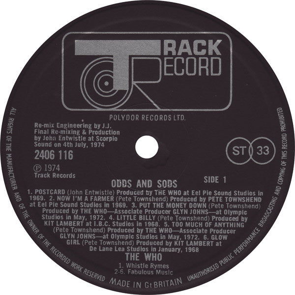 Image of Label Cover of 4925292E: LP - THE WHO, Odds & Sods (Track; 2406 116, UK 1974, Die Cut Sleeve With In Concert Photo Inside and Braille On Rear Sleeve, Insert)   VG+/VG+