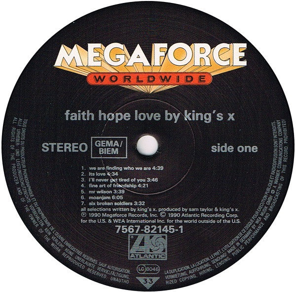 Image of Label Cover of 4915225C: LP - KINGS X, Faith Hope Love (Atlantic; 7567-82145, Europe 1990, Inner) Strong VG  VG/VG