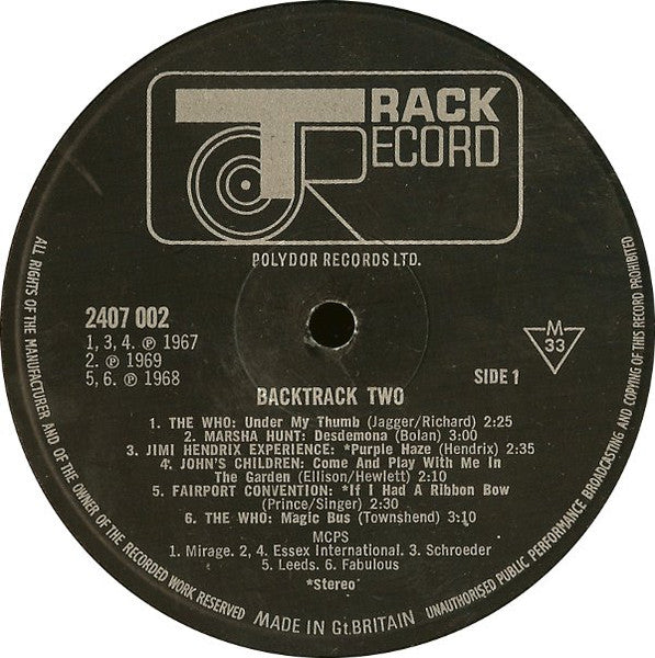 Image of Label Cover of 4644402S: LP - VARIOUS, INC HENDRIX, WHO, Backtrack 2 (Track; 2407002, UK 1970) One audible mark on side 1, otherwise VG+.  VG/VG