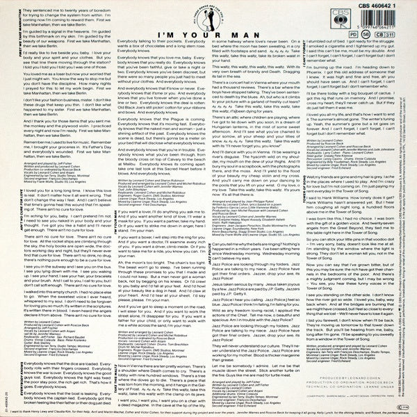 Image of Back Cover of LP - VG+/VG+ - LEONARD COHEN, I'm Your Man (CBS Red; 460642, Europe 1988), Sleeve has the start of a small split on top seam.,  - 2516470C