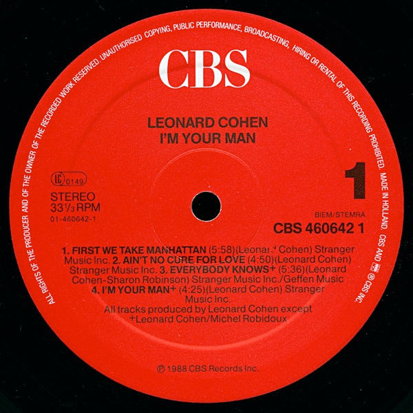Image of Label Cover of LP - VG+/VG+ - LEONARD COHEN, I'm Your Man (CBS Red; 460642, Europe 1988), Sleeve has the start of a small split on top seam.,  - 2516470C