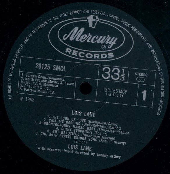 Image of Label Cover of LP - VG+/VG+ - LOIS LANE, Lois Lane (Mercury; 20125 SMCL, UK 1969, Laminated Flipback Sleeve), ,  - 2926163E