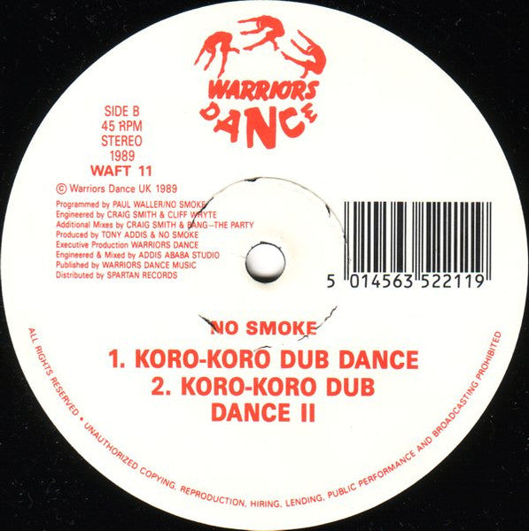 Image of Back Cover of 12" - /VG - NO SMOKE, Koro-Koro (Warriors Dance; WAFT 11, UK 1989, Plain Sleeve), light marks only,  - 3346050S