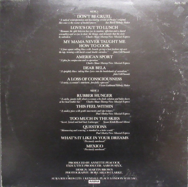 Image of Back Cover of LP - VG/VG - ANNETTE PEACOCK, The Collection (Aura Records; AUL722, UK 1982), Light marks. Light wear to skleeve with ringwear.,  - 1826121E