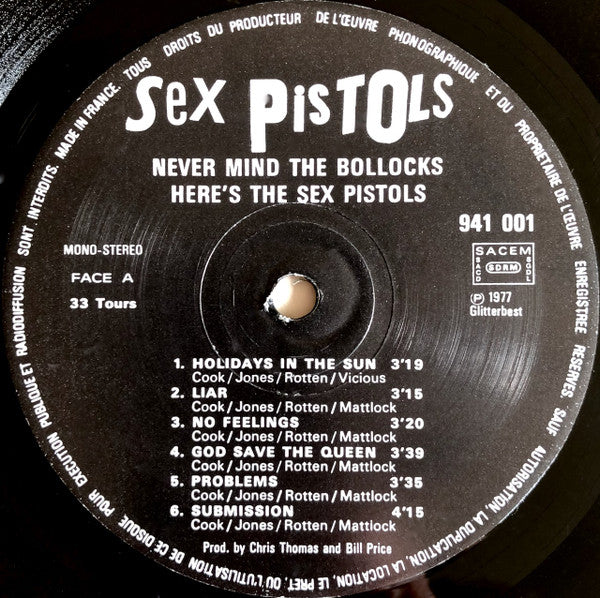 Image of Label Cover of LP - VG/G - SEX PISTOLS, Never Mind The Bollocks Here's The Sex Pistols (Sex Pistols Records; 941 001, France 1977, Blank Back Sleeve), ,  - 3316113C