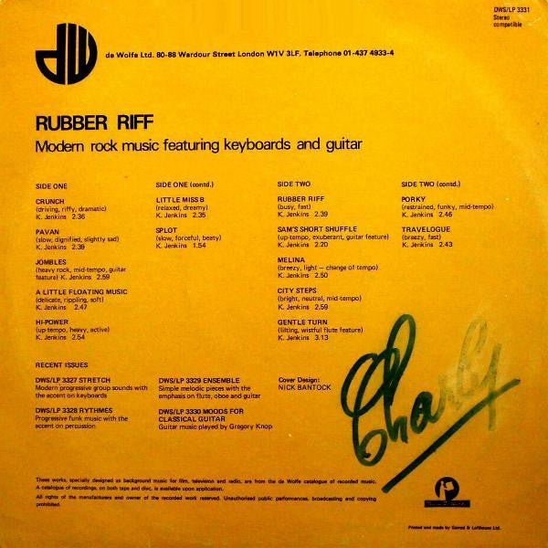 Image of Back Cover of 0225228E: LP - KARL JENKINS (SOFT MACHINE), Rubber Riff (Music De Wolfe; DWSLP3331, UK 1976) Strong VG, Corner Bumps And Ring Wear  VG/VG