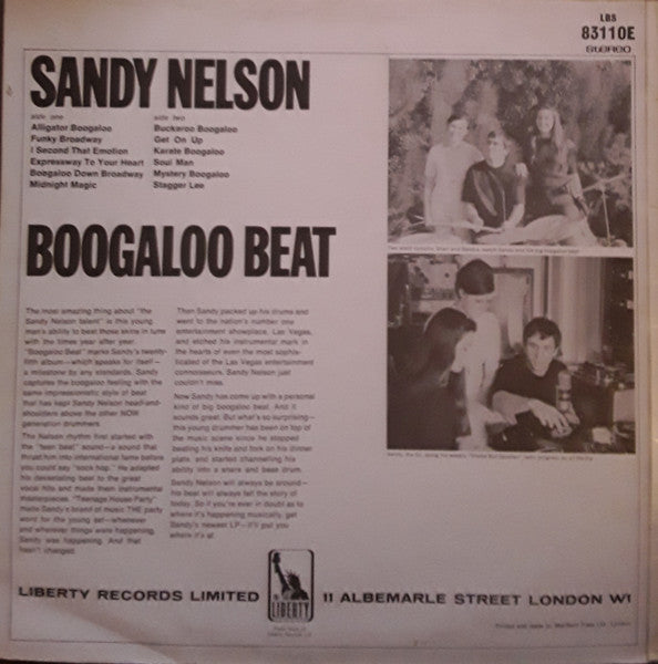 Image of Back Cover of LP - VG/VG - SANDY NELSON, Boogaloo Beat (Liberty; LBS83110E, UK 1968, Laminated Sleeve, Stereo), ,  - 0626251E
