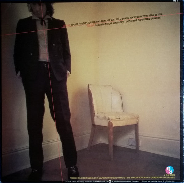 Image of Back Cover of 0245284S: LP - JOHNNY THUNDERS, So Alone (Real; RAL1, UK 1978, Inner) Small old shop sticker on cover. Light wear to sleeve and inner, bit of wear to side 1 label. Really nice disc.   VG/VG+