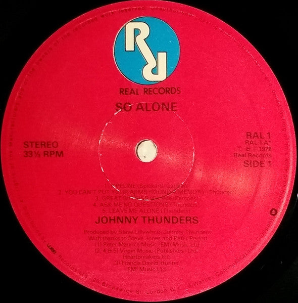 Image of Label Cover of 0245284S: LP - JOHNNY THUNDERS, So Alone (Real; RAL1, UK 1978, Inner) Small old shop sticker on cover. Light wear to sleeve and inner, bit of wear to side 1 label. Really nice disc.   VG/VG+