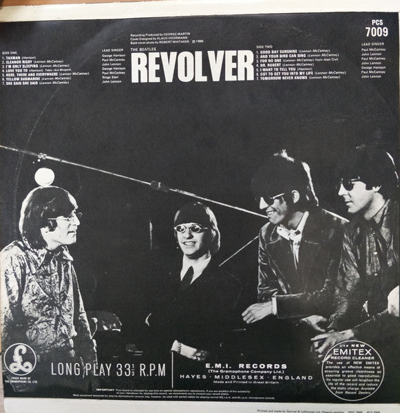 Image of Back Cover of 0526152E: LP - THE BEATLES, Revolver (Parlophone Silver / Black, One Boxed EMI Logo; PCS7009, UK 1969 Reissue, Flipback Sleeve, Stereo)   VG/G