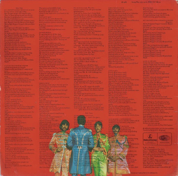 Image of Back Cover of 0125307E: LP - THE BEATLES, Sgt. Pepper's Lonely Hearts Club Band (Parlophone Black/Yellow; PMC 7027, UK 1967, Laminated Gatefold Sleeve, Insert, No Inner, Mono 1st Press, XEX637-1 & 638-1)   VG/G