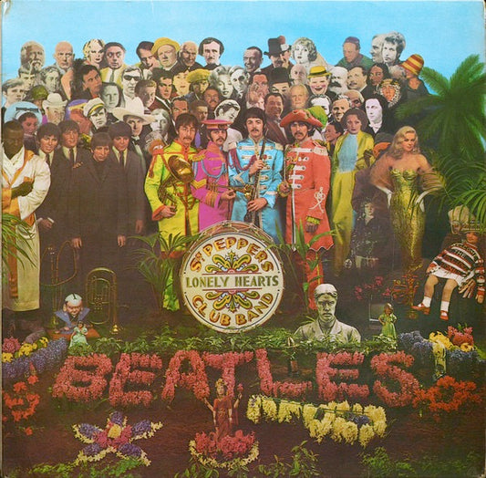 Image of Front Cover of LP - VG/G+ - THE BEATLES, Sgt. Pepper's Lonely Hearts Club Band (Parlophone Black/Yellow; PMC 7027, UK 1967, Laminated Gatefold Sleeve, Cut-outs Insert, No Inner, Mono 1st Press, XEX637-1 & 638-1), Strong G+, hairlines & a few light scratches, small tear on side1 label, edge wear, small initials on upper back cover,  - 3146005S