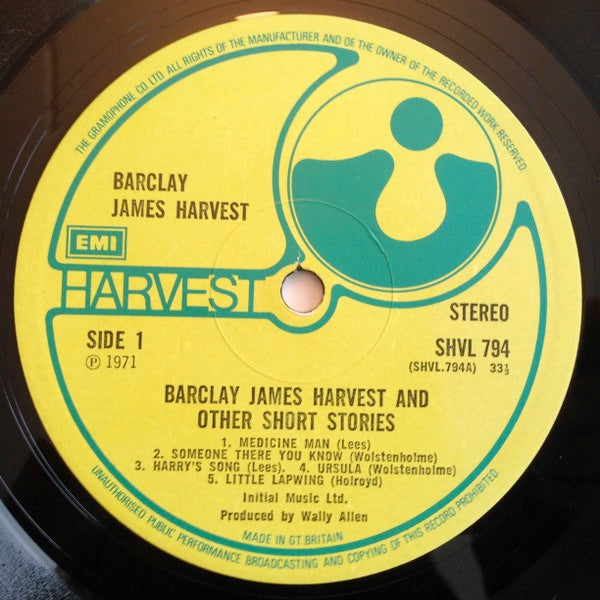 Image of Label Cover of 2714384C: LP - BARCLAY JAMES HARVEST, And Other Short Stories (Harvest Green, Gramophone Co On Rim, EMI Box; SHVL794, UK 1971, Gatefold, Company Inner) Light Marks only. Sleeve has a little sticker damage and some ring wear.  VG/VG