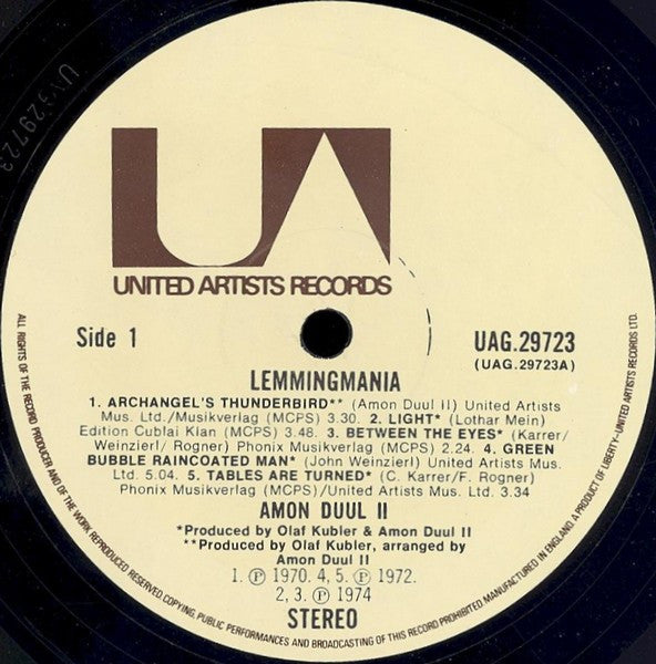 Image of Label Cover of 5124335E: LP - AMON DUUL 2, Lemmingmania (UA; UAG 29723 G, UK 1975, Metallic Sleeve, Great Compilation of Early 70s tracks)   VG/VG