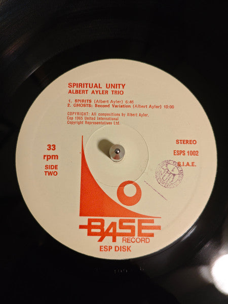 Image of Label Cover of LP - VG+/VG - ALBERT AYLER, Spiritual Unity (Base Red and White; 1002, Italy 1970s Reissue), ,  - 2626238E