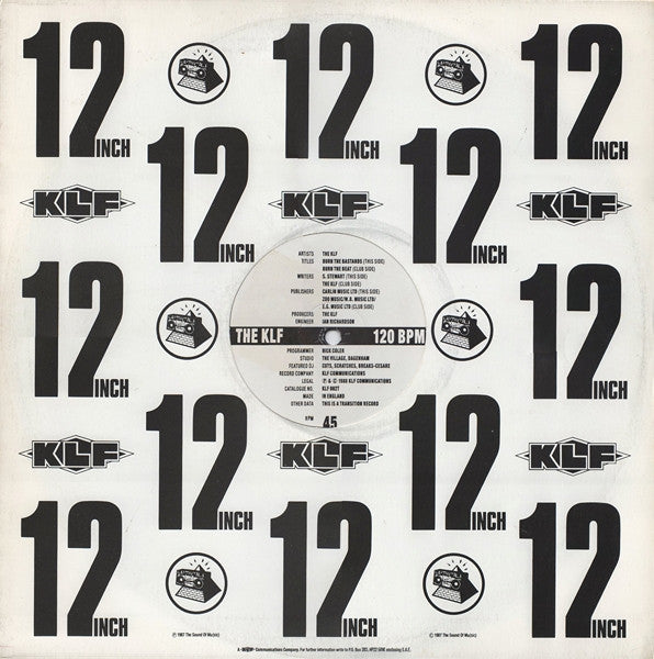 Image of Back Cover of 12" - VG+/VG - KLF, Burn the Bastards (KLF; KLF002T, UK 1988, Company Sleeve), Graded VG as the A-Side has a mark that causes a click for approx 30 secs. B-Side is VG+.,  - 2226019E