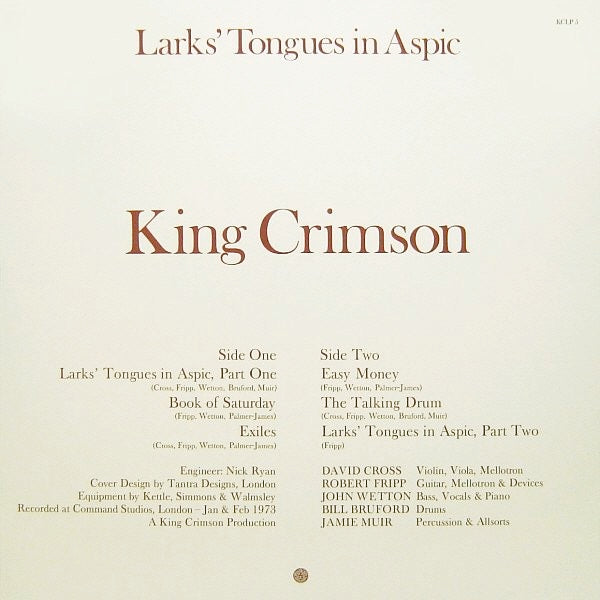 Image of Back Cover of LP - NEW/NEW - KING CRIMSON, Larks' Tongues In Aspic (Inner Knot Pink Label; KCLP5, UK 2013, Insert, 200 Gram Vinyl), ,  - 1816390C