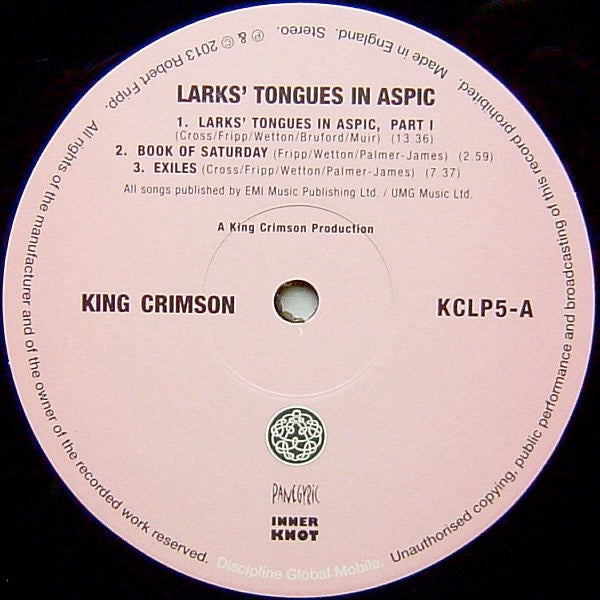 Image of Label Cover of LP - NEW/NEW - KING CRIMSON, Larks' Tongues In Aspic (Inner Knot Pink Label; KCLP5, UK 2013, Insert, 200 Gram Vinyl), ,  - 1816390C