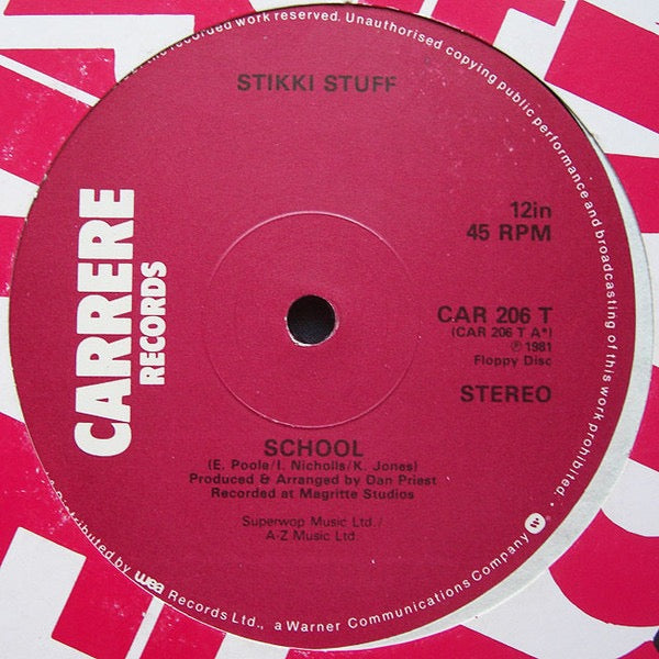 Image of Front Cover of 12" - VG/G+ - STIKKI STUFF, School/The Wiggle (Carrere; CAR 206 T, UK 1981, Company Sleeve), Lots of light marks.,  - 1716414C