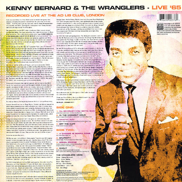 Image of Back Cover of 3624484E: LP - KENNY BERNARD & THE WRANGLERS, Live '65 (Acid Jazz; AJXLP237, UK 2011)   VG+/VG